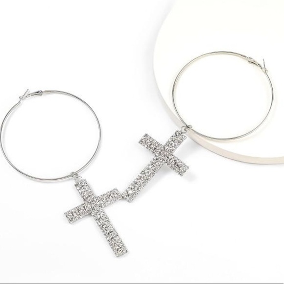 Cross hoop earrings. Large silver tone hoops with removable rhinestone cross. - Picture 1 of 1